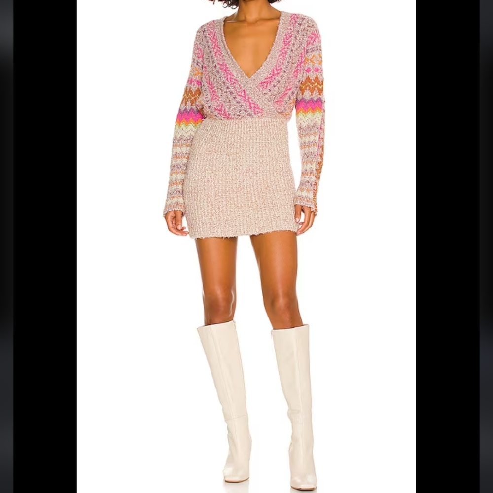 Free People Forever Fairisle Knit Wrap Sweater Dress Strawberry Combo Sz Small